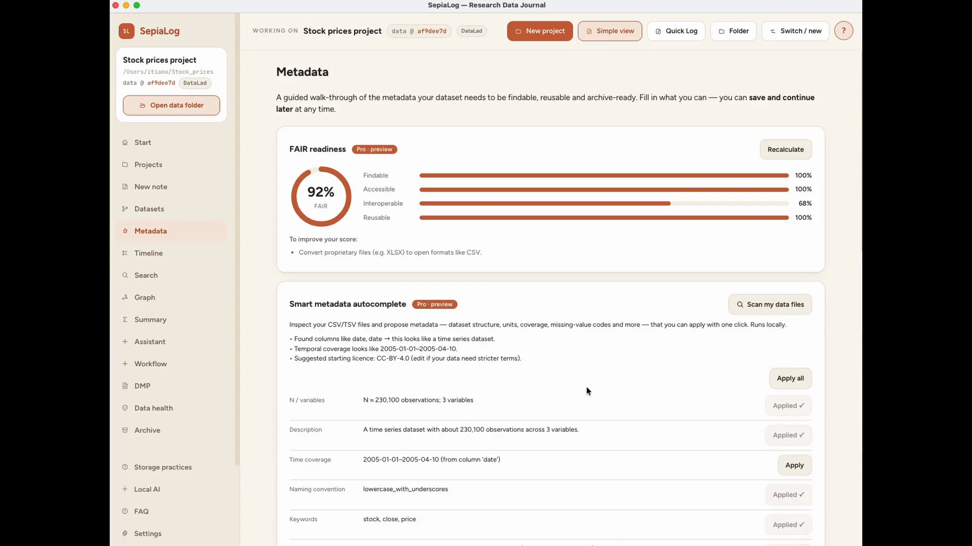 SepiaLog Metadata screen showing FAIR readiness and local metadata suggestions