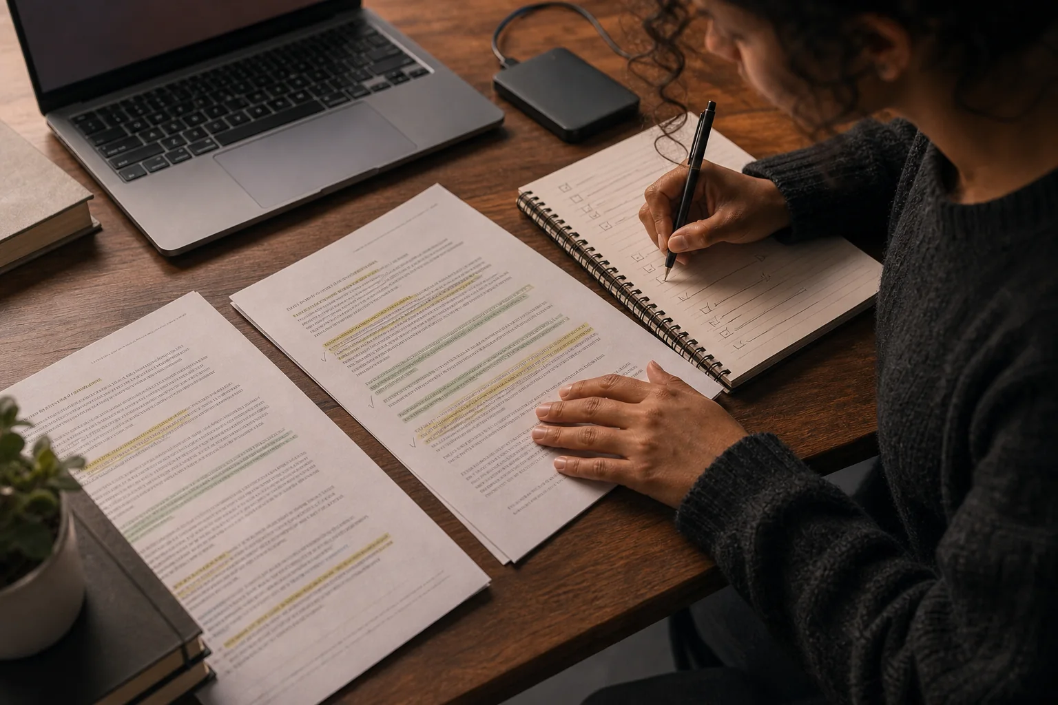 A researcher comparing highlighted transcripts and writing a concrete next-step checklist