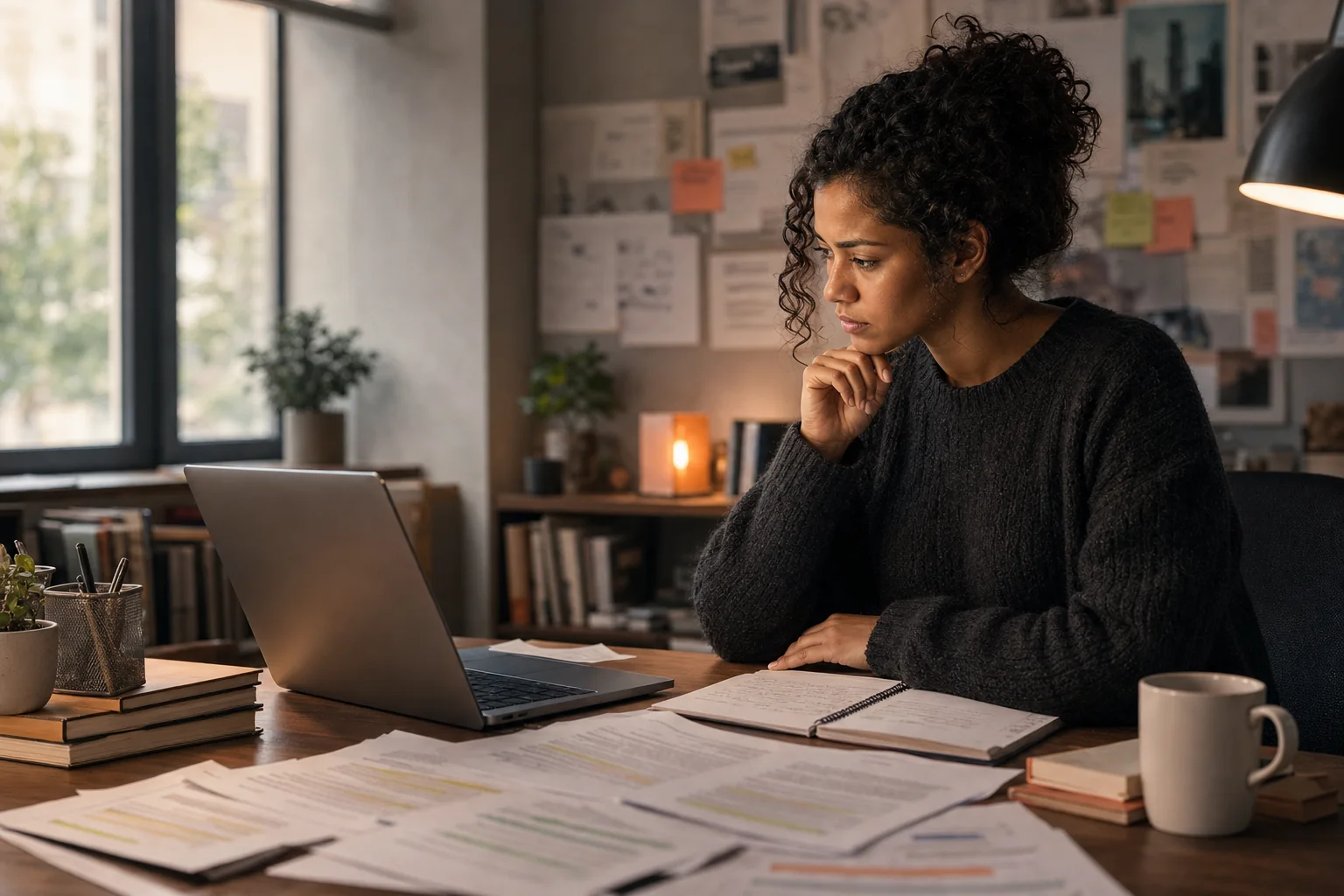 A researcher returning to interview transcripts and notes at her laptop