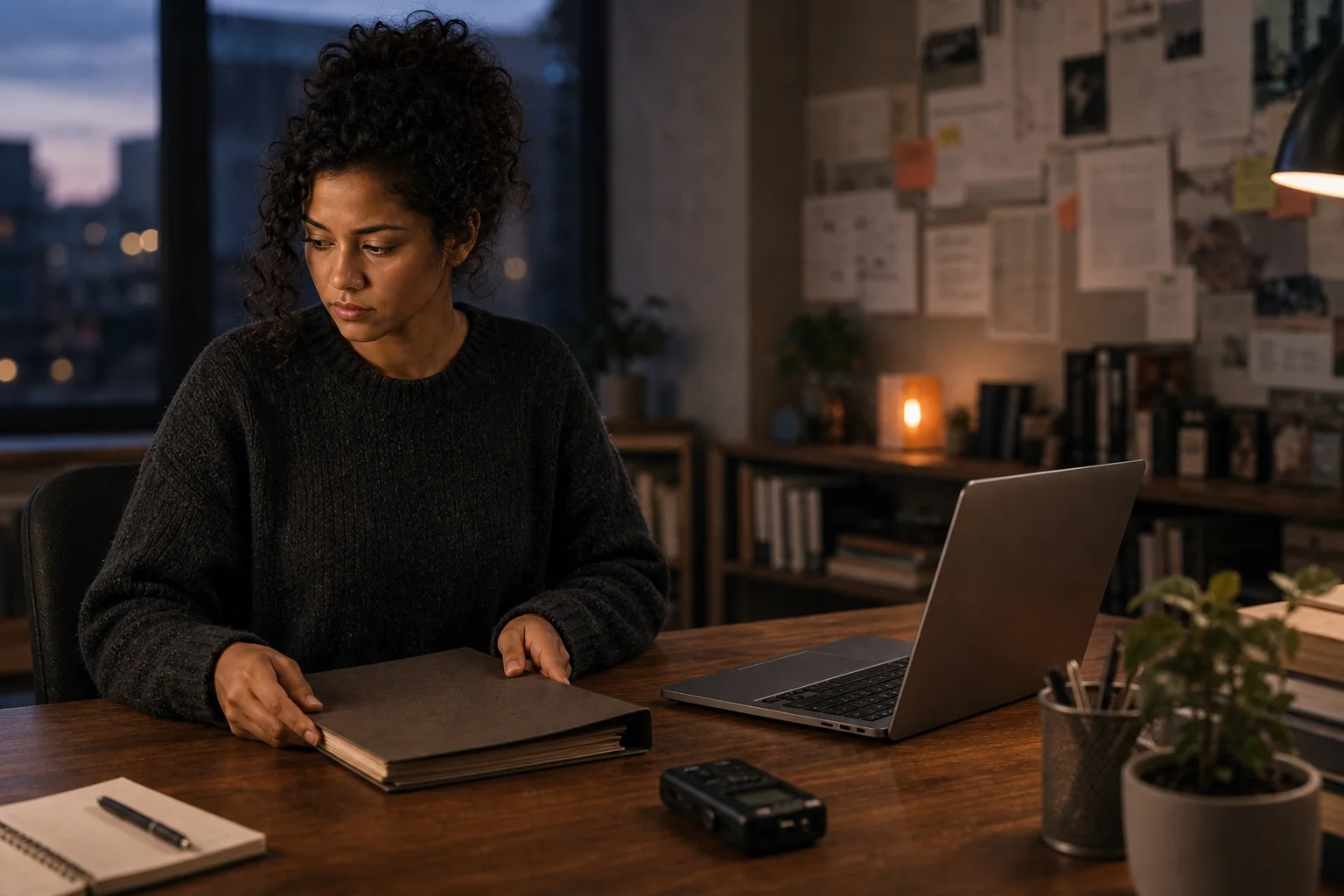 A researcher pausing beside sensitive interview material before using an AI tool