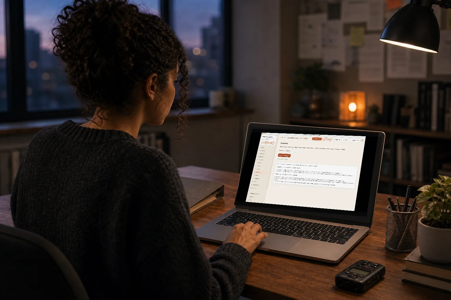 A researcher using SepiaLog Local AI on her laptop while sensitive interview materials remain beside her