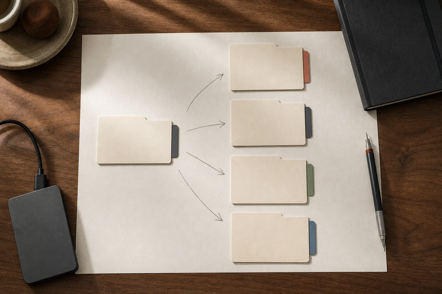 One source-data folder branches into four derived dataset folders on a research desk.
