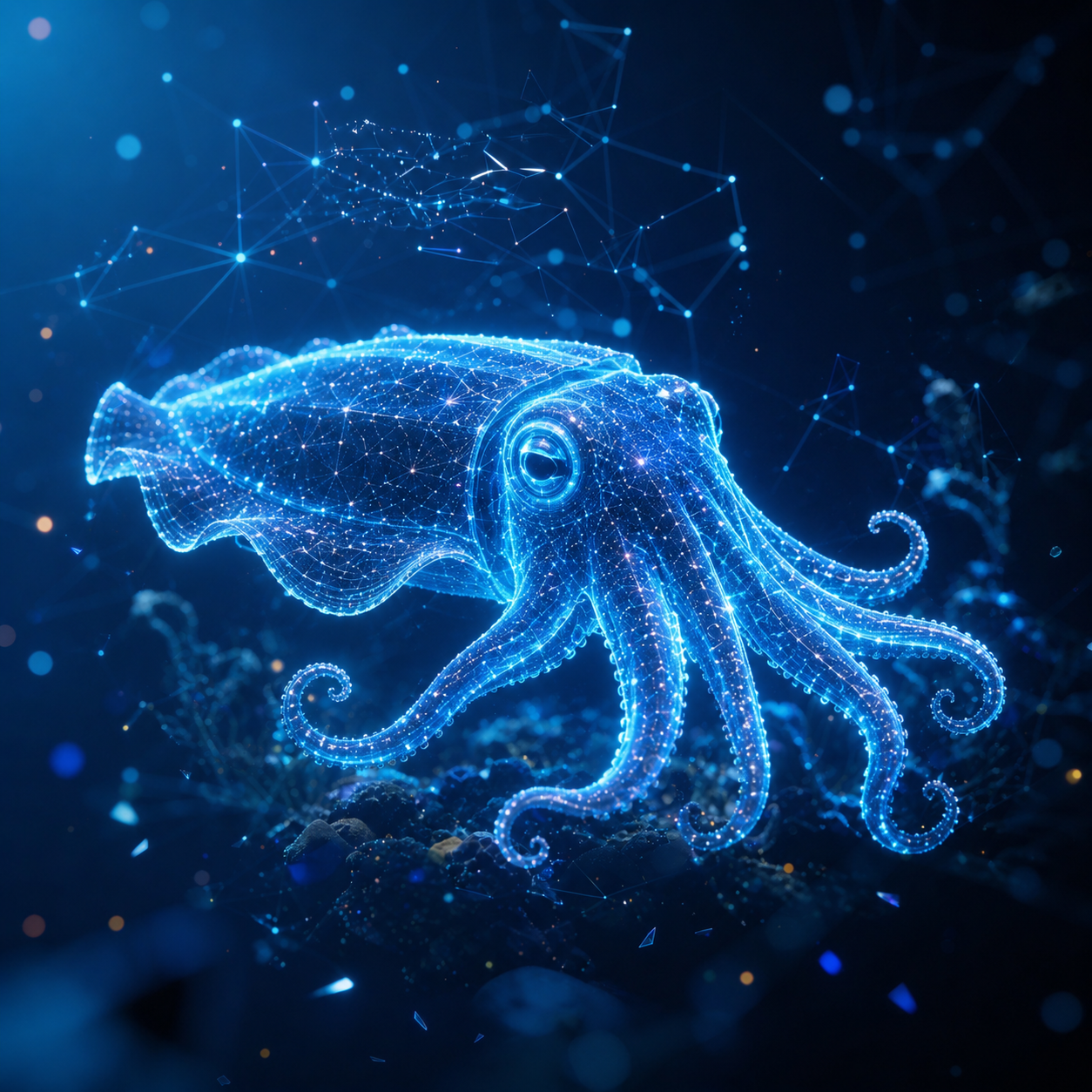 A luminous octopus rendered in glowing particles and network lines, each arm reaching toward a different point of light