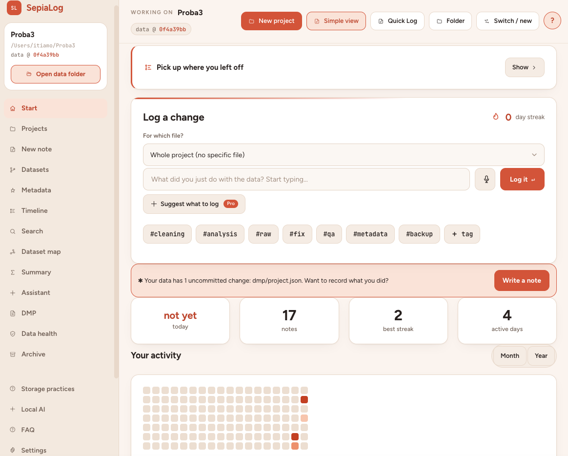 SepiaLog dashboard showing recent research data notes and project activity
