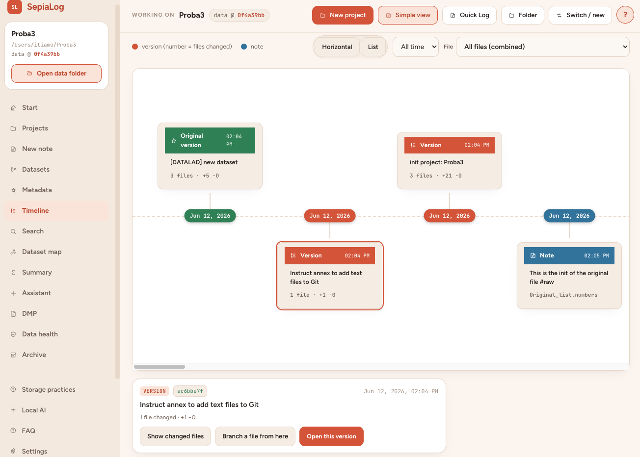 SepiaLog visual timeline showing dataset versions and notes from the original version to now